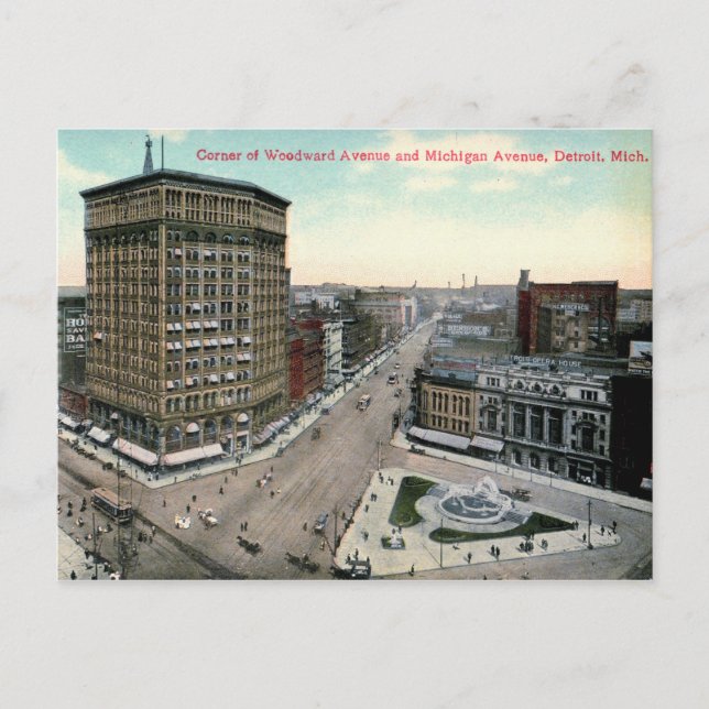 Detroit, Ecke von Woodward & Michigan, Vintag Postkarte (Vorderseite)