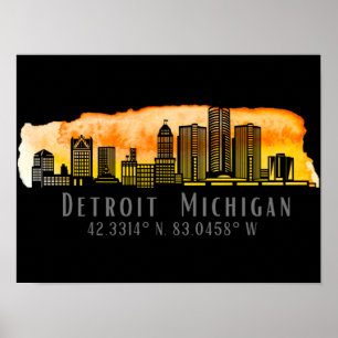 Detroit MI Skyline Latitude und Längengrad Print Poster