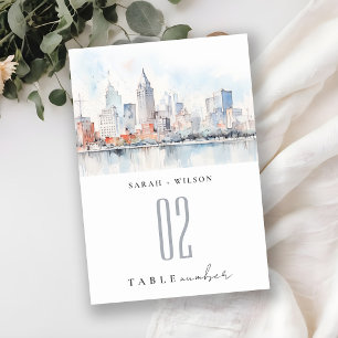 Detroit Michigan Aquarell-Landschaft-Hochzeit Tischnummer