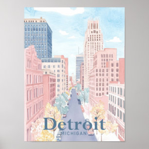 Detroit Michigan Aquarellmalerei Reise Poster