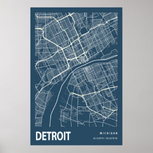 Detroit Michigan City Map Line Art Blue Print Poster