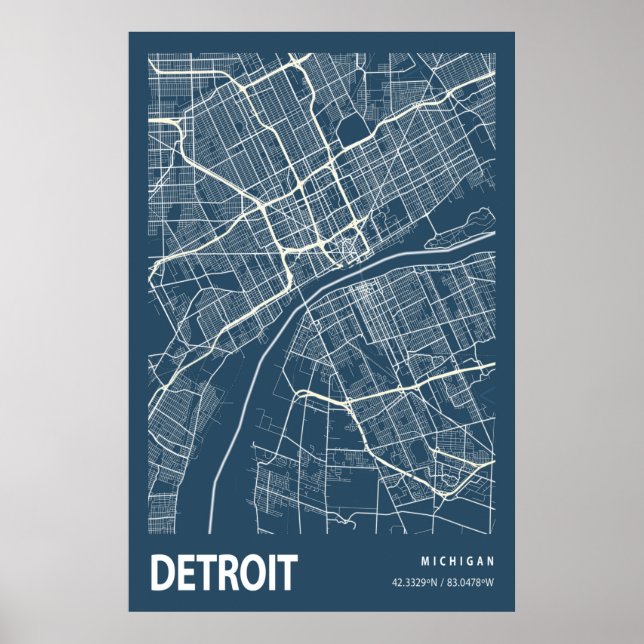 Detroit Michigan City Map Line Art Blue Print Poster (Vorne)