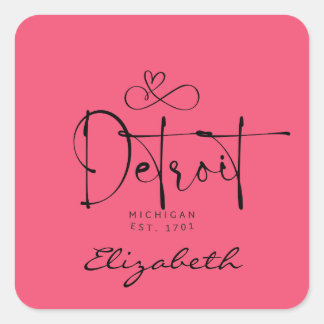 Detroit Michigan Est 1701 "Ihr Name" Rosa Quadratischer Aufkleber