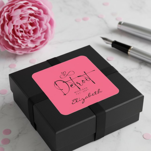 Detroit Michigan Est 1701 "Ihr Name" Rosa Quadratischer Aufkleber (Detroit Michigan Est 1701 "Your Name" Pink Square Sticker)
