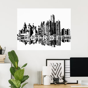 Detroit, Michigan in schwarzer Tinte Poster