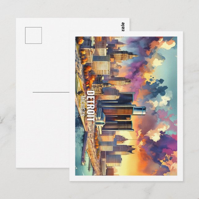 Detroit Michigan USA Famous Place Wassercolor Postkarte (Vorne/Hinten)