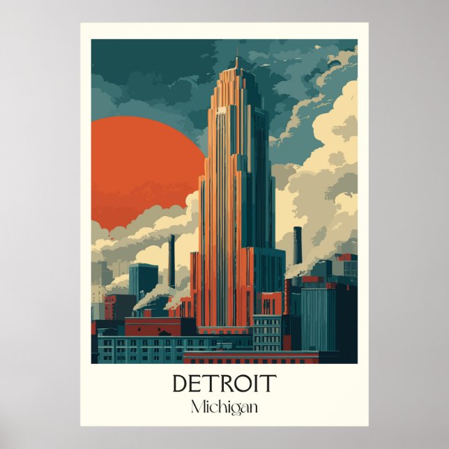 Detroit Michigan Vintag Iconic City Skyline Art Poster (Vorne)