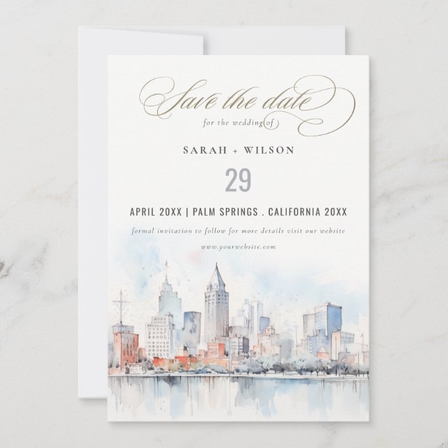 Detroit Michigan Watercolor Landscape Wedding Save The Date (Vorderseite)