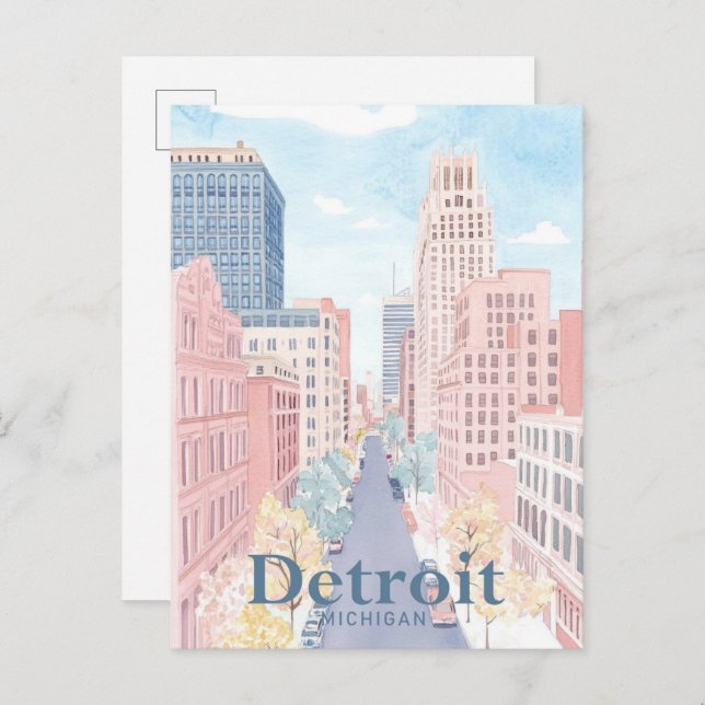 Detroit Michigan Watercolor Malerreise Postkarte (Vorne/Hinten)