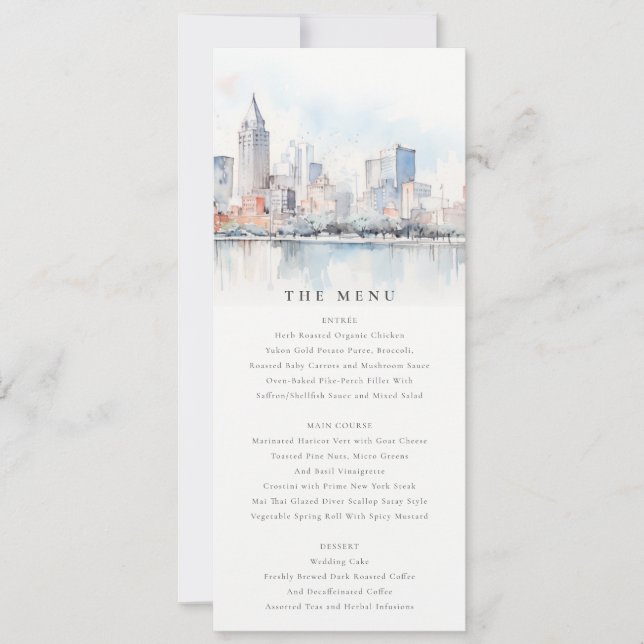Detroit Michigan Watercolor Scape Wedding Menu Einladung (Vorderseite)