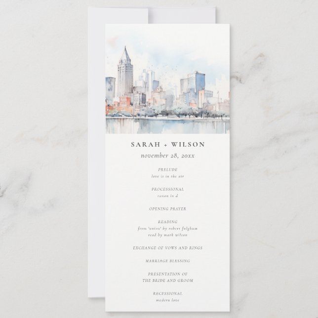 Detroit Michigan Watercolor Scape Wedding Program Einladung (Vorderseite)