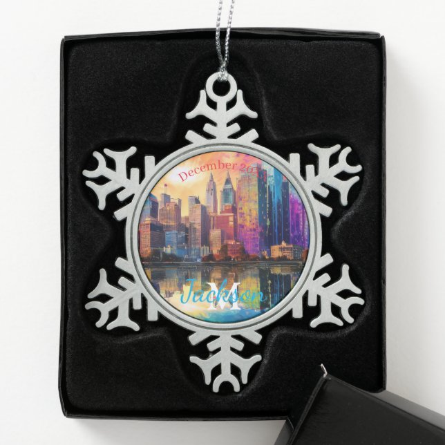 Detroit Skyline Abstrakt Art Schneeflocken Zinn-Ornament (Box)