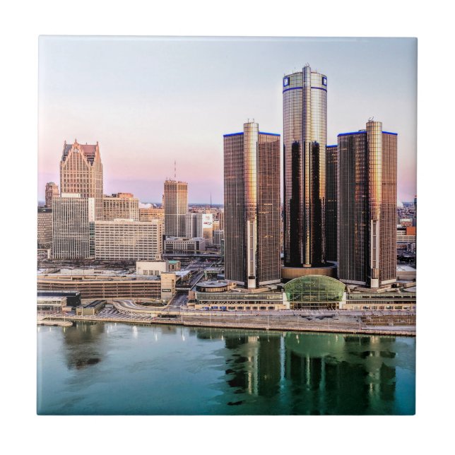 Detroit Skyline bei Dawn Tile Untersetzer (Vorderseite)