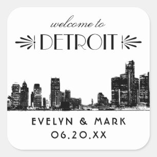 Detroit Skyline Black Art Deco Wedding Willkommen Quadratischer Aufkleber