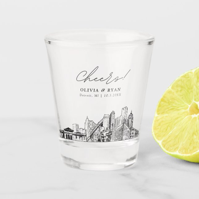 Detroit Skyline Gastgeschenk Hochzeit Cheers Shot  Schnapsglas (Vorderseite)