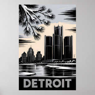 Detroit Skyline Schwarz-Weiß-Holzschnitt Winter Poster