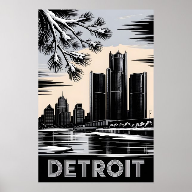 Detroit Skyline Schwarz-Weiß-Holzschnitt Winter Poster (Vorne)