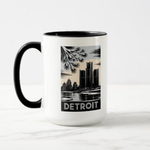 Detroit-Skyline Schwarz-Weiß-Holzschnitt Winter Tasse