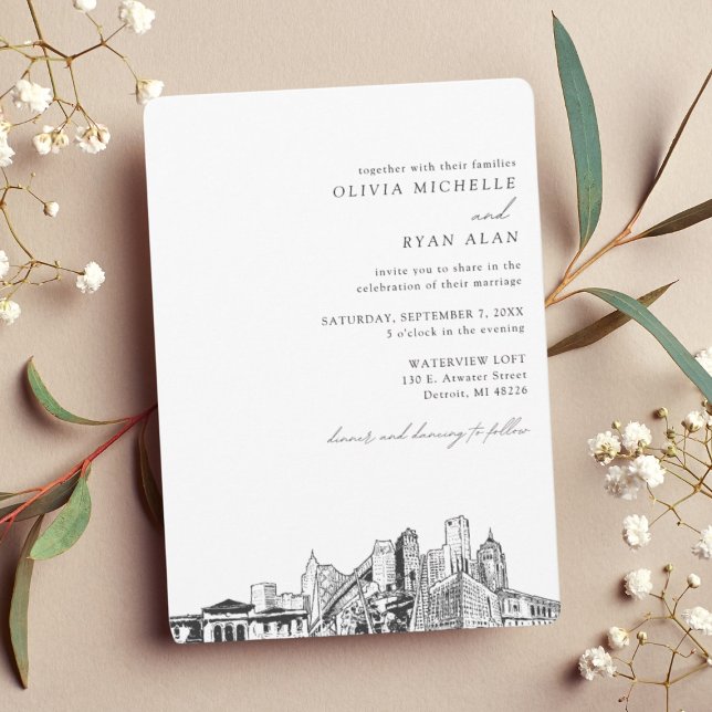 Detroit Wedding Custom Skyline Sketch Einladung (Detroit Wedding Custom Skyline Sketch Invitation)