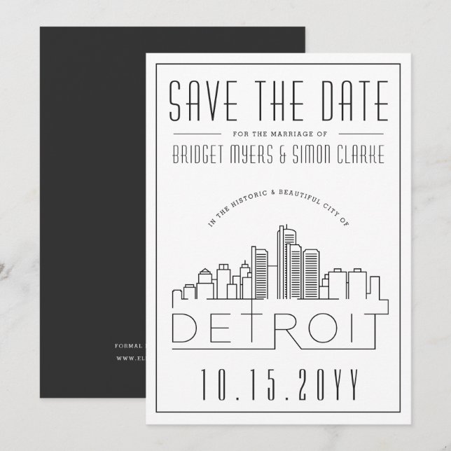 Detroit Wedding | Stilisierte Skyline Save the Dat Einladung (Vorne/Hinten)