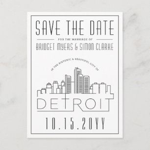 Detroit Wedding   Stilisierte Skyline Save the Dat Postkarte