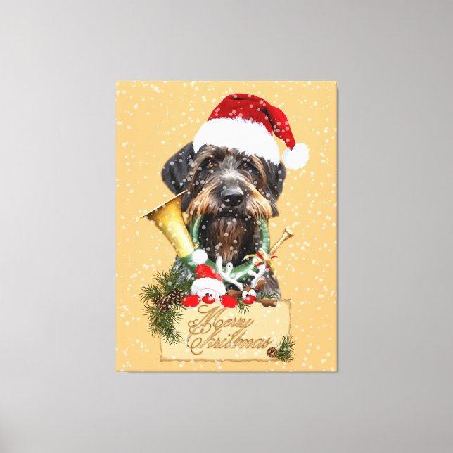 Deutsch Drahthaar, Frohe Weihnachten! Schaltfläche Leinwanddruck (Vorderseite)