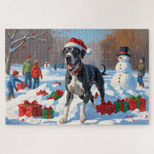 Deutsch-Drahthaar läuft im Schnee mit Weihnachtsmü Puzzle