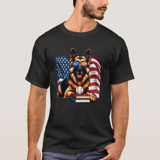 Deutsch Shepherd Hund Bücher Baseball USA-Flagge P T-Shirt