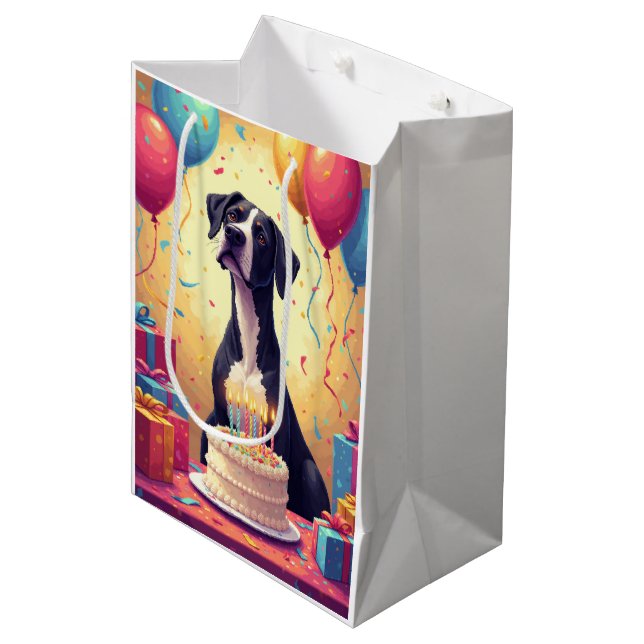 Deutsche Dogge Geburtstagsfeier Mittlere Geschenktüte (Vorderseite Schrägansicht)