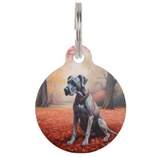 Deutsche Dogge im Herbstlaubfall inspiriert Haustiermarke