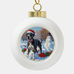 Deutsche Dogge läuft im Schnee mit Weihnachtsmütze Keramik Kugel-Ornament