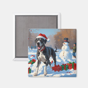 Deutsche Dogge läuft im Schnee mit Weihnachtsmütze Magnet