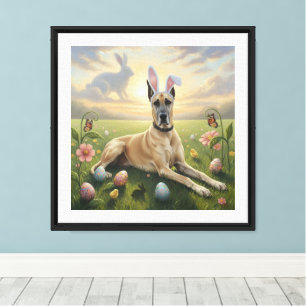 Deutsche Dogge mit Hasenohren Ostern Frühlingswies Leinwanddruck