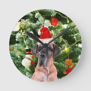 Deutsche Dogge mit Weihnachtsbaum-Geschenkboxen un Runde Wanduhr