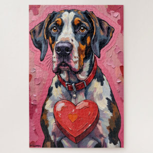 Deutsche Dogge versteckt sich hinter Valentins-Sch Puzzle