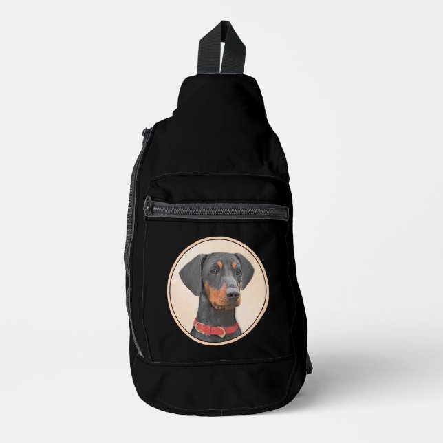 Deutsche Pinscher Malerei Schwarzer Original Hund  Crossbody Bag (Vorderseite)