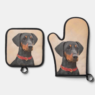 Deutsche Pinscher Malerei Schwarzer Original Hund Ofenhandschuh & Topflappen-Set