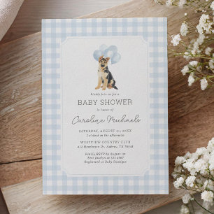 Deutsche Schäferhund Baby-Party mit blauem Gingham Einladung