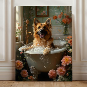 Deutsche Schäferhund-Bad, Whimsische Hunde-Badezim Leinwanddruck