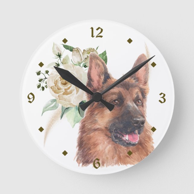 Deutsche Schäferhund Dog White Rose Bouquet Runde  Runde Wanduhr (Vorderseite)