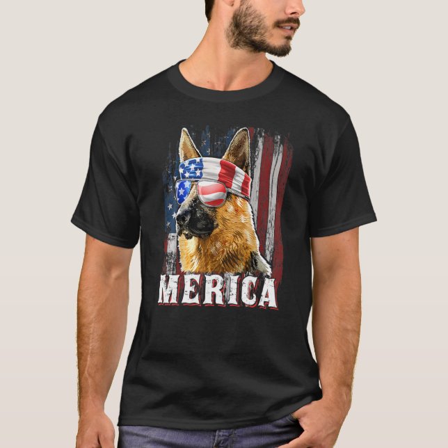 Deutsche Schäferhund Merica 4. Juli American Fl T-Shirt (Vorderseite)