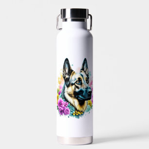Deutsche Schäferhund-Mutter rosa und gelbe Blumen Trinkflasche
