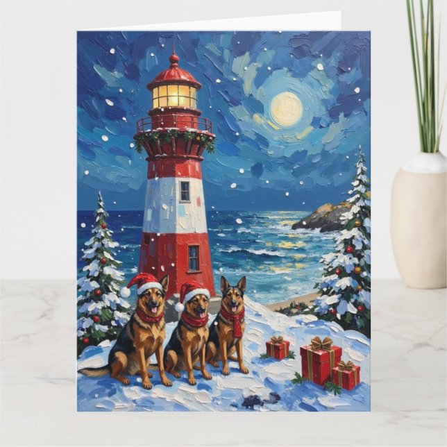 Deutsche Schäferhund-Weihnachts-Leuchtturm-Feierta Karte (Vorderseite)