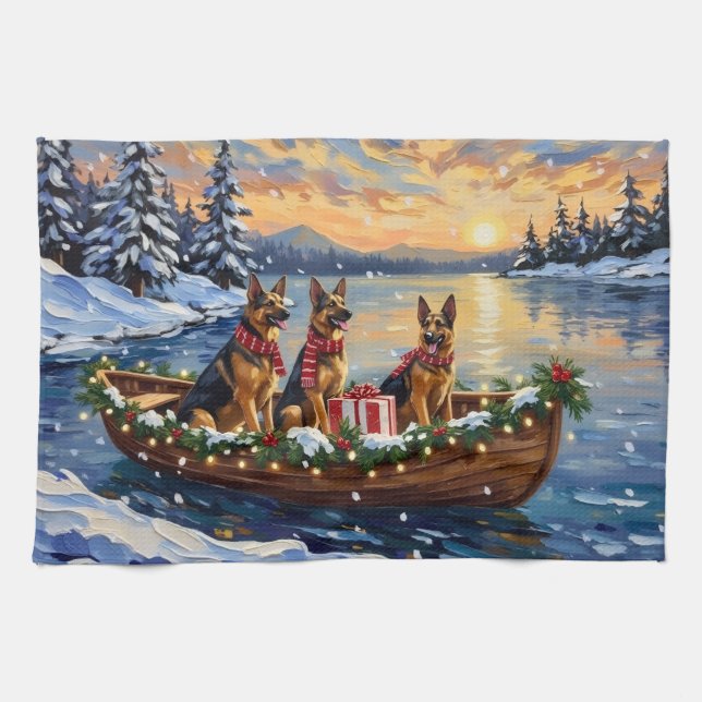 Deutsche Schäferhund-Weihnachtsboot-Feier Geschirrtuch (Horizontal)