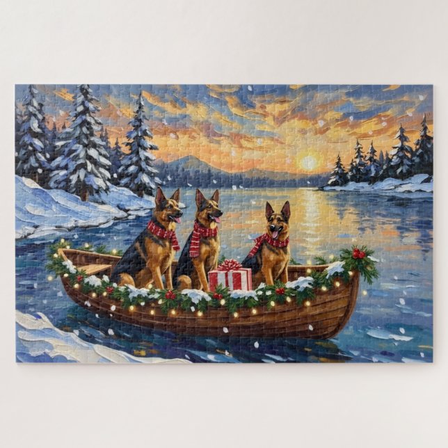 Deutsche Schäferhund-Weihnachtsboot-Feier Puzzle (Horizontal)