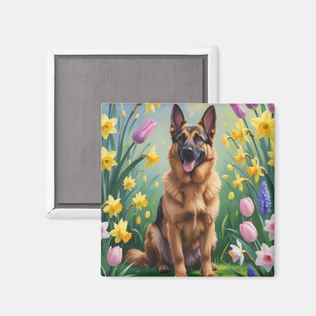 Deutsche Schäferhunde Hunde Frühlingsblumen Malere Magnet (Vorderseite/Rückseite)
