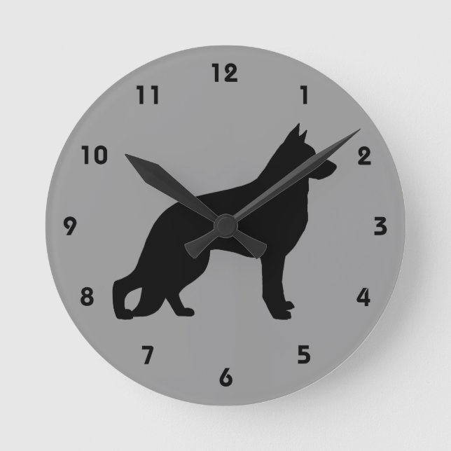 Deutsche Schäferhunde Silhouette GSD Black und Gra Runde Wanduhr (Vorderseite)