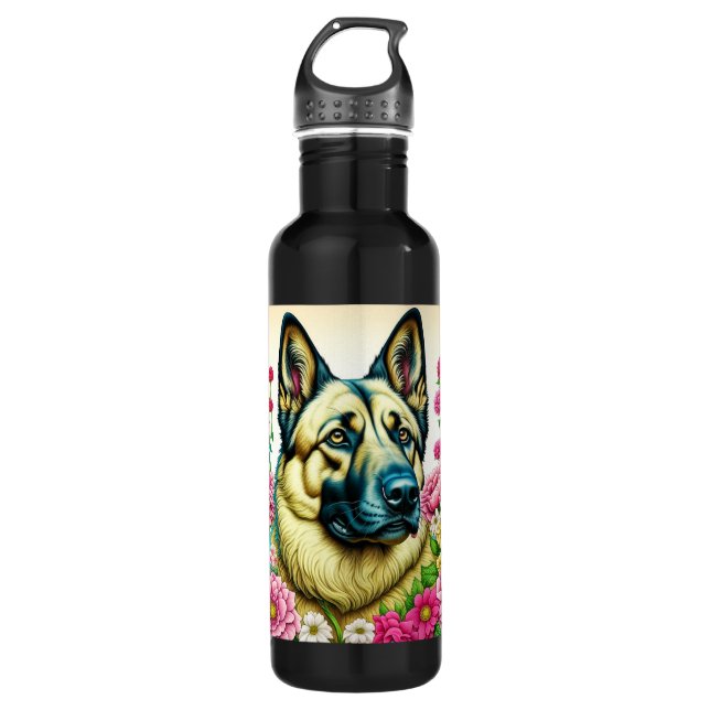 Deutsche Schäferhunde und Whimsikale Blume Edelstahlflasche (Vorderseite)