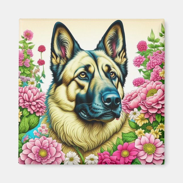 Deutsche Schäferhunde und Whimsikale Blume Magnet (Vorne)