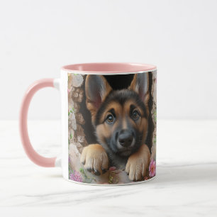Deutsche Schäferpuppy-Tasse mit Blumendesign - Tasse